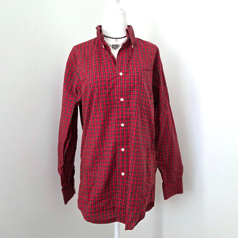 Vtg 90s Plaid Button Down Shirt Men's Small Red Black Grunge Western Lands End‎
